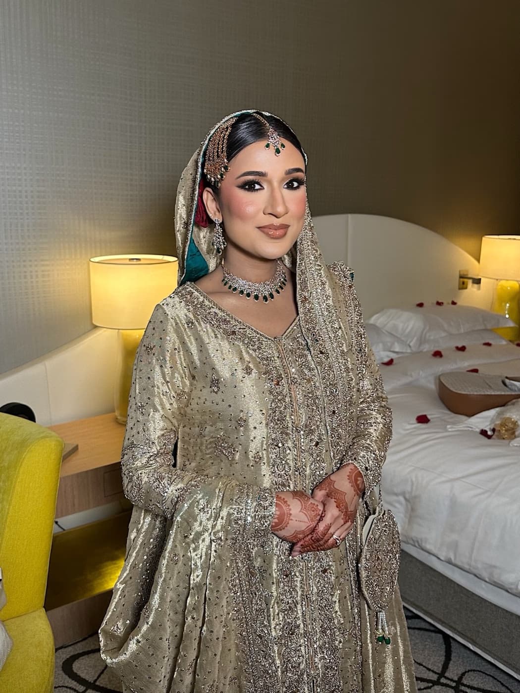 Muslim bride with elegant modest bridal makeup and hijab styling by Elani Artistry