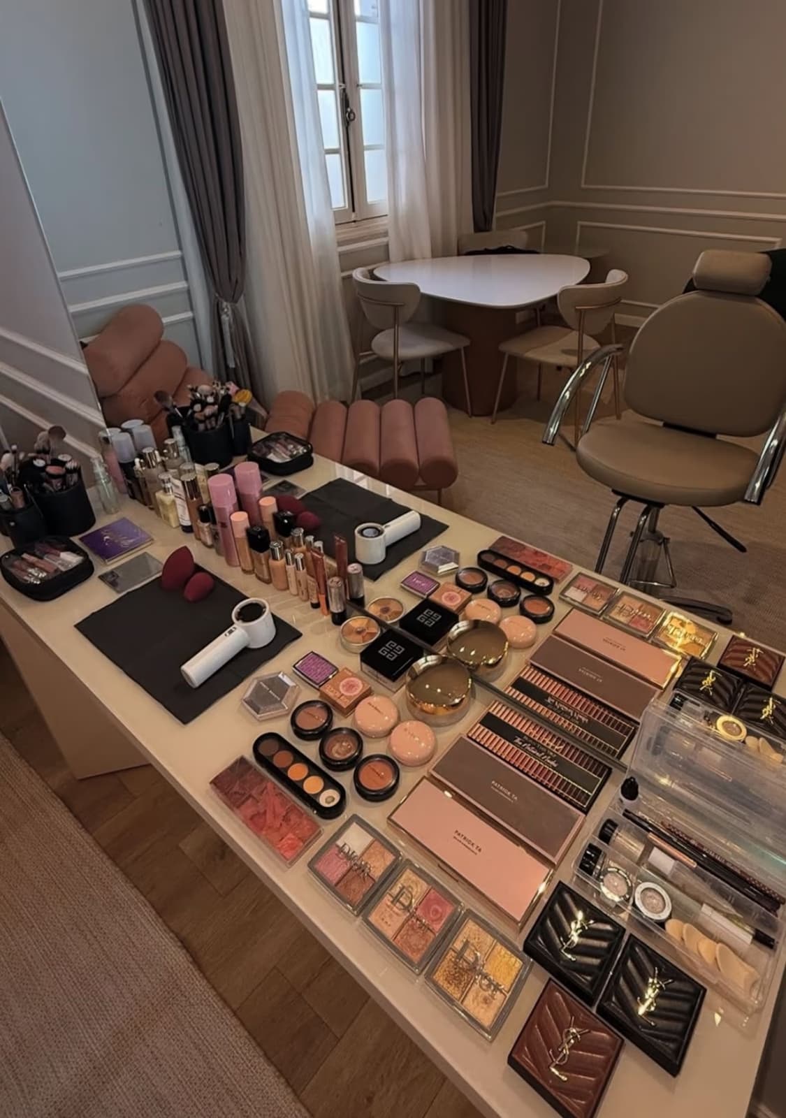 Luxury makeup kit laid out for a VIP home service appointment by Elani Artistry in Dubai