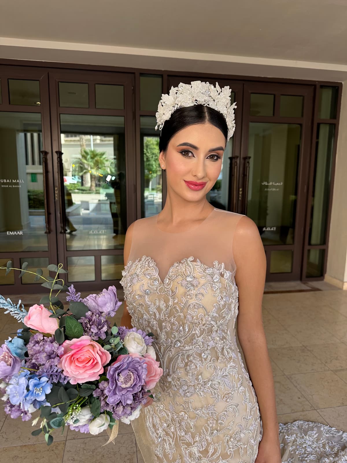 Muslim fusion bride in Sharjah with bespoke blended bridal makeup combining cultural heritage and Islamic modesty in one cohesive look by Elani Artistry