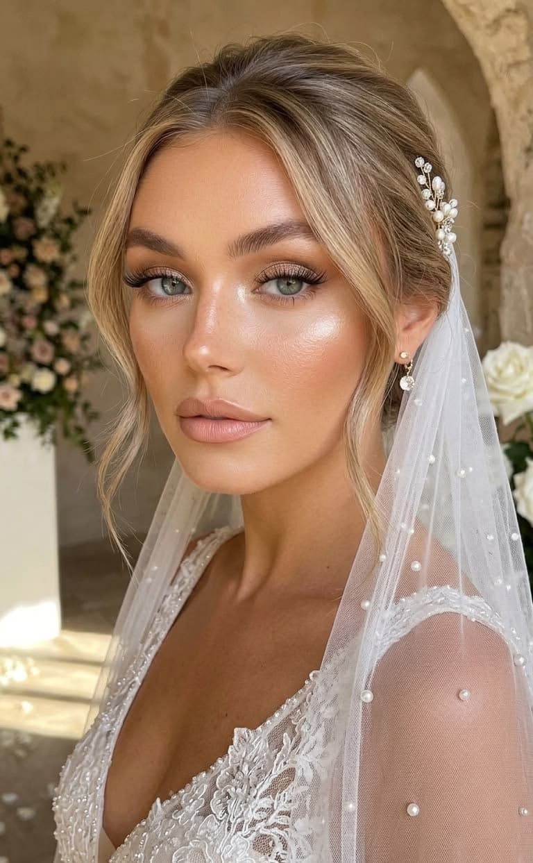 Bohemian bride in Abu Dhabi with sun-kissed glowing skin, pearl hair pin and lace gown, soft natural bridal makeup by Elani Artistry