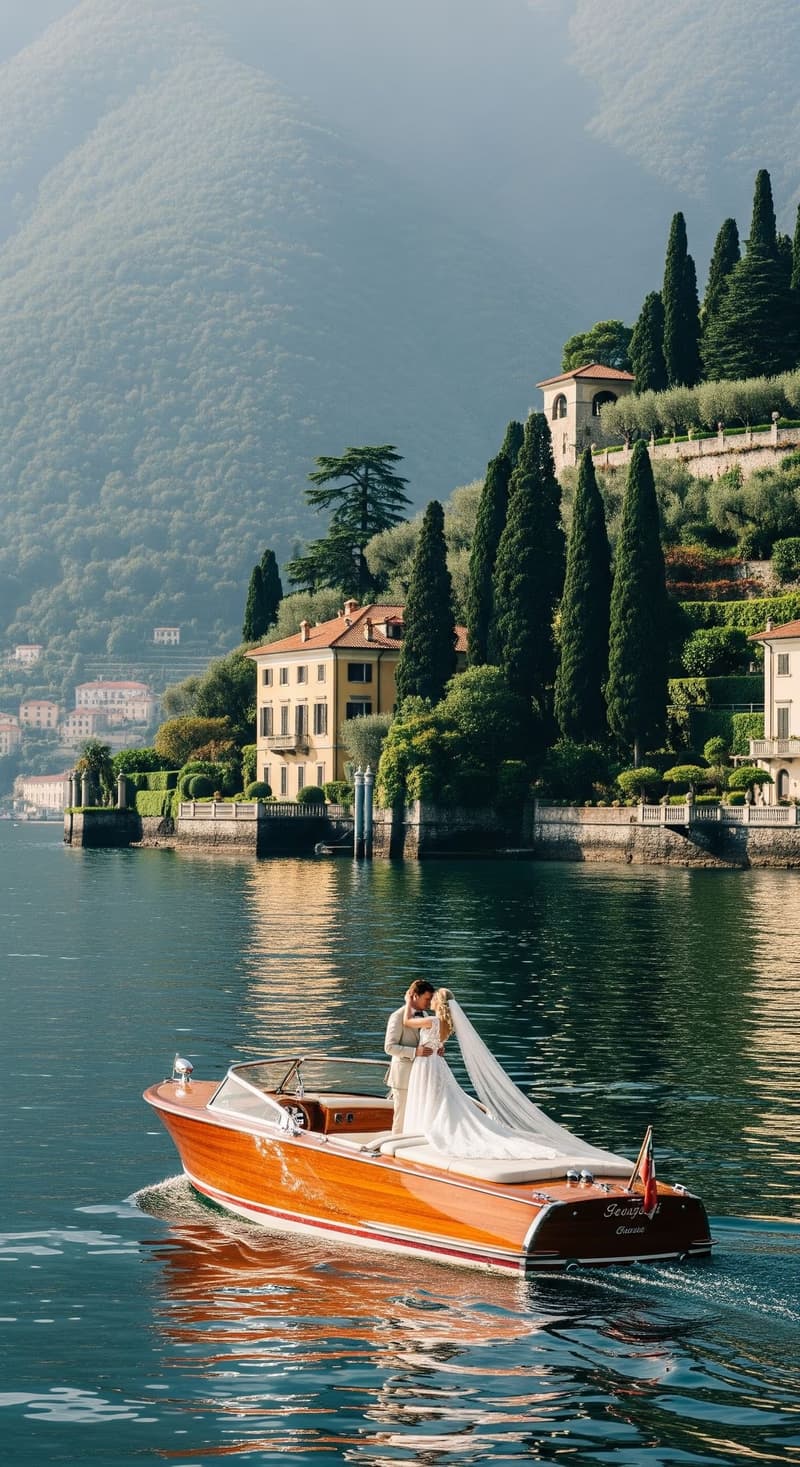 Bride and groom on a wooden boat on Lake Como Italy, European destination wedding makeup by Elani Artistry