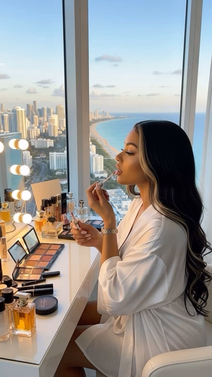 Woman applying makeup at a vanity mirror with city skyline view, self makeup class Dubai with Elani Artistry